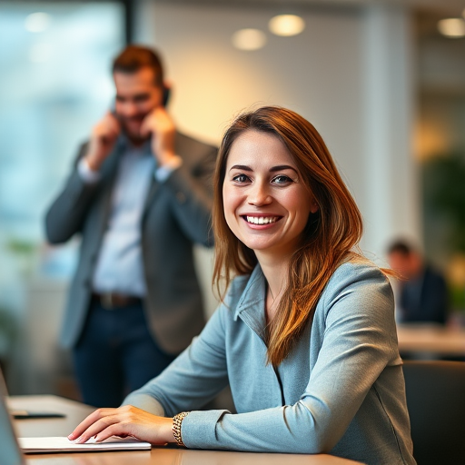 Portrait of a woman sitting at a desk smiling with a man standing behind her on a phone call, soft focus background, indoor lighting, f/2.8 aperture, 50mm lens, ISO 100, shot in natural light, DSLR camera, professional style.