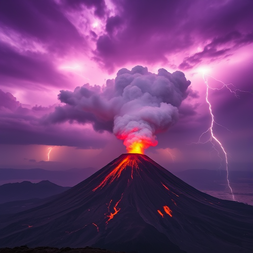 Capture a dramatic landscape of an erupting volcano under a stormy purple sky with lightning strikes, using a DSLR camera with a 24mm lens, f/8 aperture, ISO 200, 1/125 sec exposure, and a wide-angle view to enhance depth and detail.