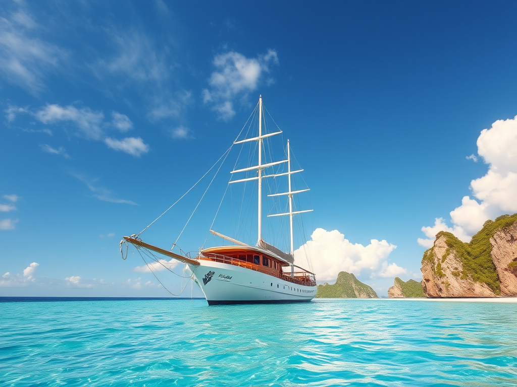 regenerate an image of a majestic white sailing ship anchored near a tropical beach with crystal clear water, surrounded by lush green cliffs and bright blue sky with fluffy white clouds, in a vibrant and detailed style, shot with a DSLR camera at 24mm, f/8, ISO 100, with soft natural lighting to enhance color and clarity, using a wide-angle lens for depth and perspective.