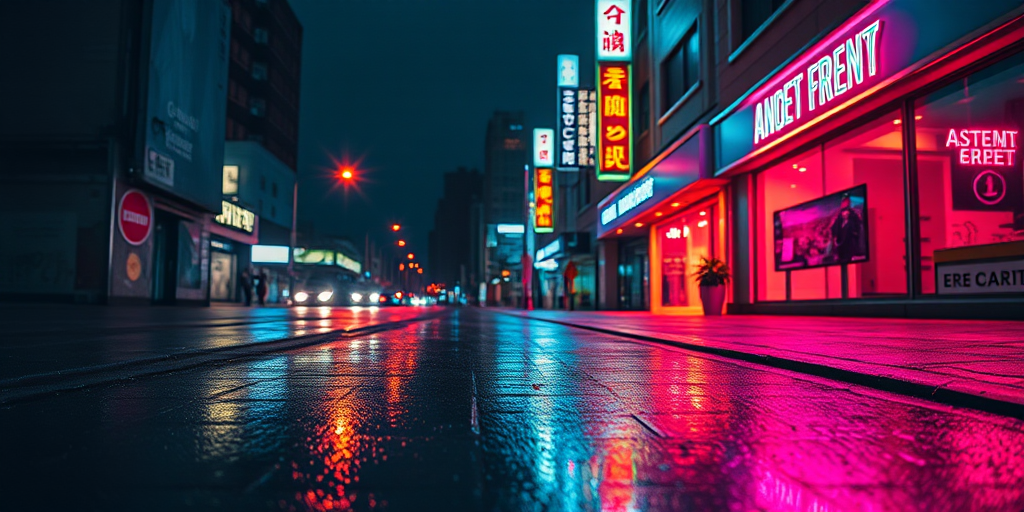 Create a vibrant urban night scene with neon lights reflecting on wet pavement, using a Canon EOS R5 with a 24mm lens at f/2.8, ISO 400, 1/60s exposure, wide-angle view, in a cinematic style to enhance image quality.