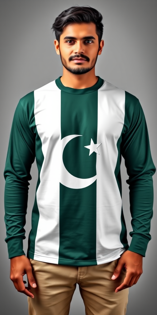 Create a high-resolution image of a men's long-sleeve shirt featuring the Pakistan flag design, camera settings: ISO 100, f/8 aperture, 1/125 sec shutter speed, camera view: frontal close-up, camera style: realistic, camera type: DSLR.