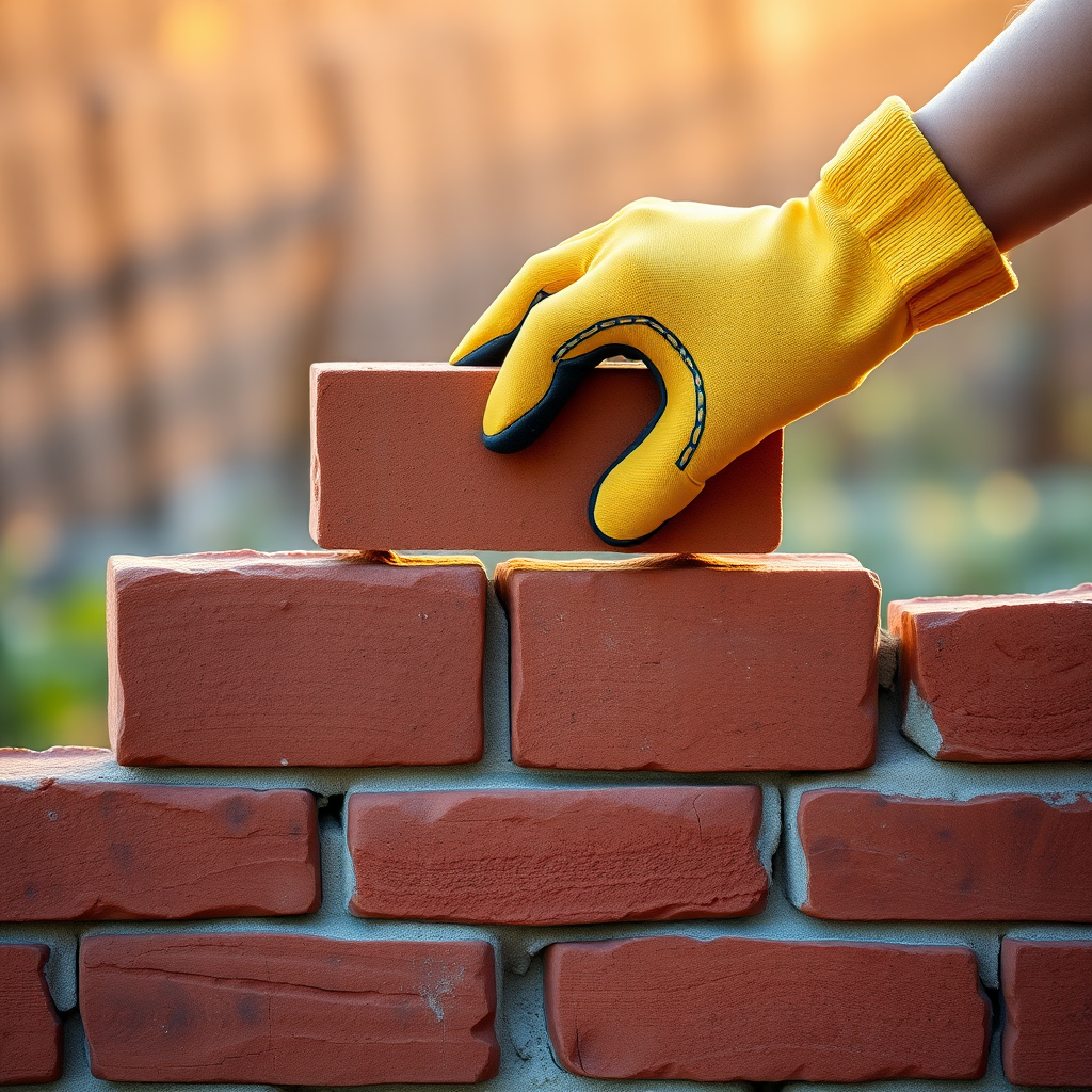 Generate an image of a hand wearing a yellow glove placing a brick on top of a partially constructed brick wall. The background should feature a warm, softly lit environment, highlighting the texture of the bricks and the hand's action.