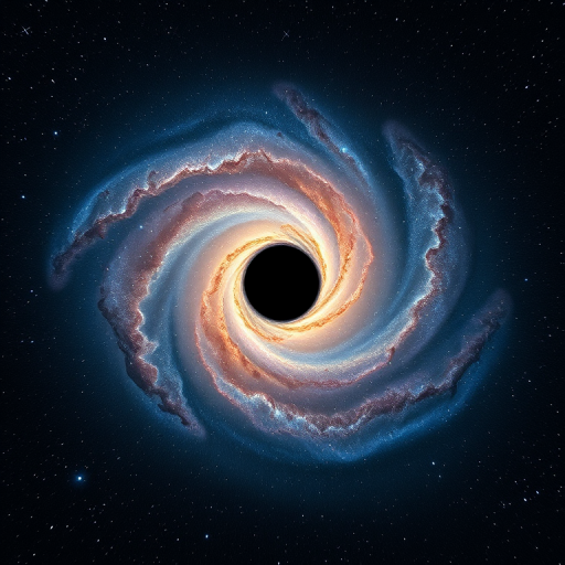 Create a high-resolution image of a swirling galaxy with a prominent black hole at the center, using a Canon EOS R5 camera, 24mm lens, f/2.8 aperture, 30-second exposure, ISO 6400, with a wide field view to capture surrounding stars and cosmic dust, ensuring vibrant colors and sharp details in a cosmic setting.