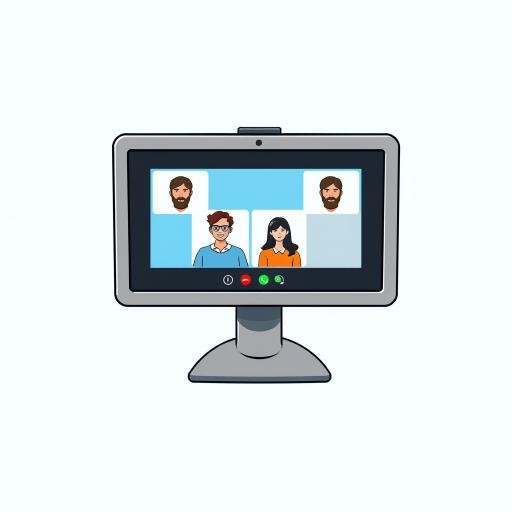 Create an illustration of a computer monitor displaying a video call interface with four participants' icons against a bright blue background, using a 50mm lens, f/1.8 aperture, 100 ISO, and top-down view to enhance clarity and detail in a digital art style.