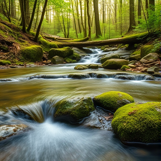 capture a serene forest stream with flowing water over moss-covered rocks, use a Canon EOS R5 with a 24-70mm f/2.8 lens, aperture set to f/11 for depth of field, shutter speed 1/4 sec for smooth water effect, and ISO 100 for clarity, in vibrant natural light and at a low angle for dynamic perspective.