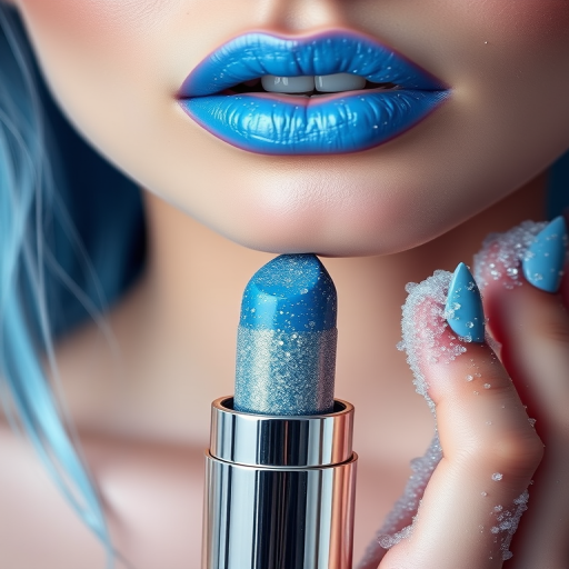 Icy blue frost lipstick with tiny diamond-like sparkles, christened "Arctic Glamour," delivering a cool, futuristic look and subtle plumping effect, perfect for avant-garde makeup enthusiasts