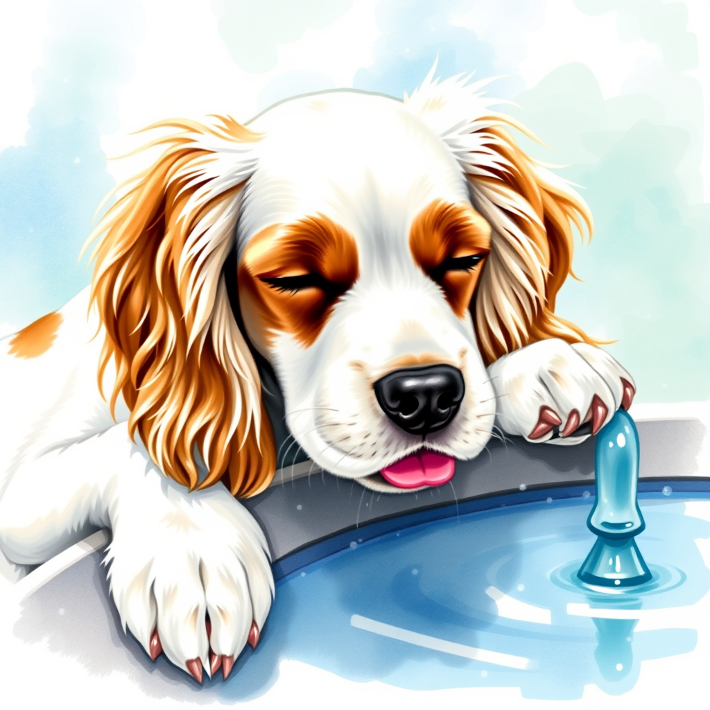 Watercolor ink illustration, A digitally created artwork of a Cocker Spaniel dog leaning on a water fountain, eyes closed, tongue out as if lapping water. The white dog has brown and cream patches, especially on its ears and face. Water splashes around it with detailed droplets. The background features a soft blue-green gradient, suggesting a sunny day. The style is realistic, focusing on the texture of fur and water for a lifelike, vibrant feel.