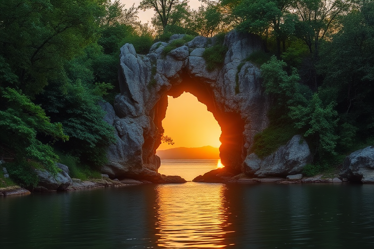 capture a serene landscape of a natural stone arch surrounded by lush greenery and a calm body of water during golden hour, with a DSLR camera at f/8 aperture, ISO 200, 1/125 sec shutter speed, using a 24mm lens for wide-angle view and low angle perspective