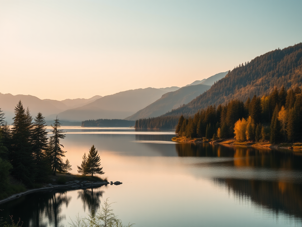 Generate a high-resolution image of a serene landscape featuring a tranquil lake surrounded by lush trees and mountains in the background, captured using a DSLR camera with a 35mm lens, aperture set to f/8 for depth of field, ISO 100 for clarity, and shot at golden hour for soft lighting.