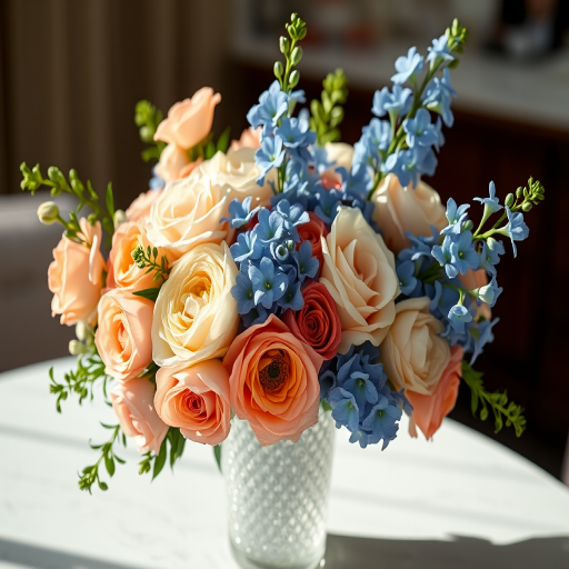 Create a stunning bouquet of mixed flowers including peach roses, cream peonies, and blue delphiniums arranged in an elegant sparkling vase, softly lit with natural light, captured with a Canon EOS R5, 50mm f/1.2 lens, ISO 100, aperture f/2.8, shallow depth of field, and a soft-focus background for an artistic look.