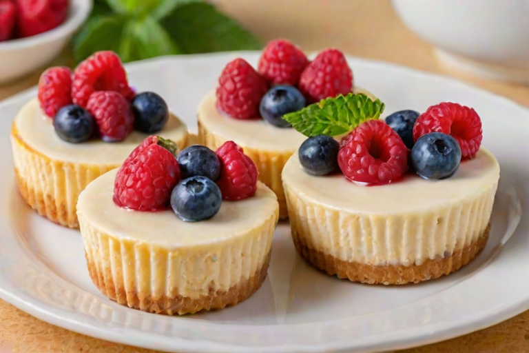 Create an image of a plate featuring mini cheesecakes topped with fresh raspberries and blueberries. The cheesecakes should have a smooth, creamy texture and a golden brown crust. Surround the plate with small bowls of additional raspberries and blueberries, and add some mint leaves for garnish. The setting should be bright and inviting, with a light-colored background.