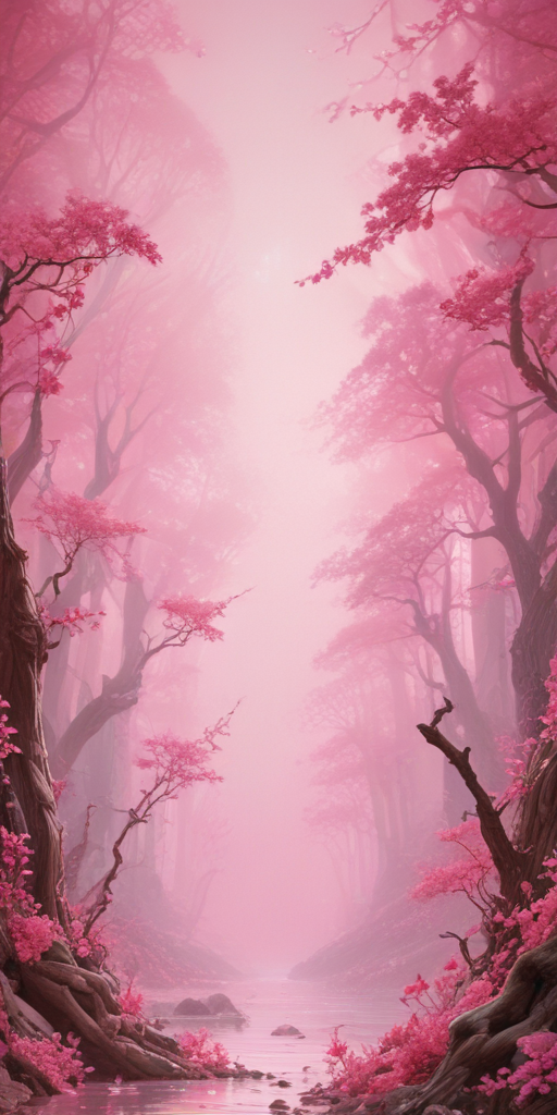 A Serene Path Through a Dreamy Pink Forest with Blossoming Trees
