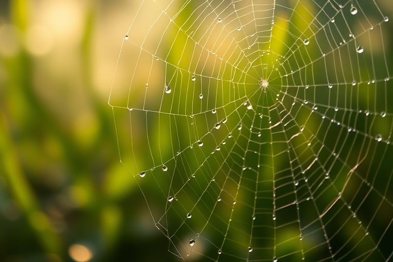 Soft-focus close-up of a raindrop-laden spider web glistening in the early morning light, with vibrant greenery softly blurred in the background and soft mist filling the air.