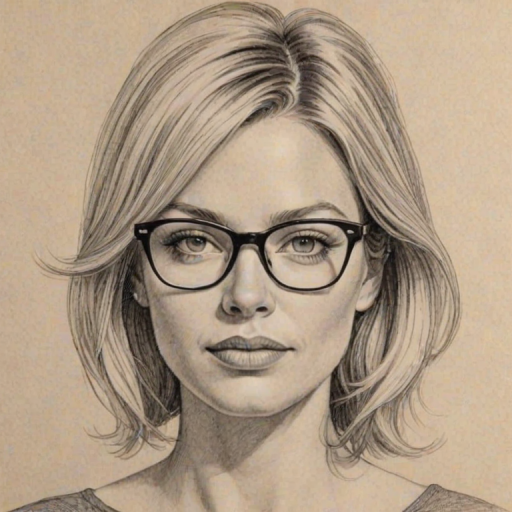 Graceful Amanda Detmer, pencil sketch, portrait of Radiant woman 1967s in glasses, hair style beatnik, outline, clear lines, fine lines, 8k