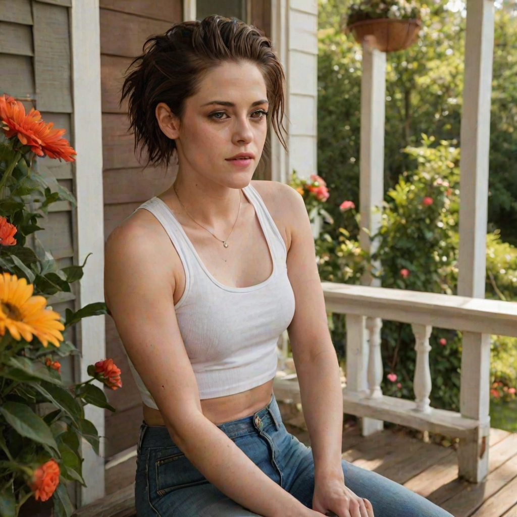 A photo of Kristen Stewart with a background of a cozy porch. She has dark hair pulled back in an updo, with tendrils framing her face. She wears a white tank top and sits on the porch. The porch is part of a well-lit home with a warm, earthy tone and colorful flowers and foliage. The overall scene has a warm, welcoming, and comfortable ambiance.