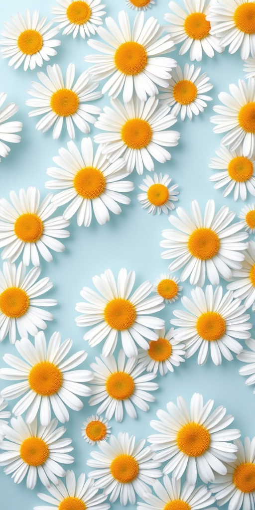 Create a pattern of white daisies with yellow centers on a pastel blue background, using a DSLR camera with a 50mm lens, aperture f/2.8, ISO 100, and a shallow depth of field for soft background blur.