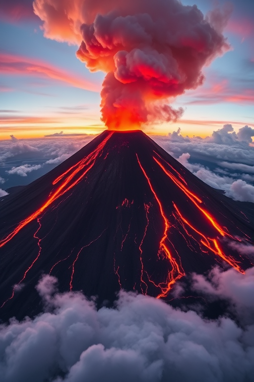 Generate a highly detailed image of an erupting volcano at sunset with fiery lava and dramatic clouds, using a Canon EOS R5 with an aperture of f/8, ISO 100, shutter speed of 1/250s, with a wide-angle lens at 24mm, capturing a panoramic view for enhanced depth and vibrancy.
