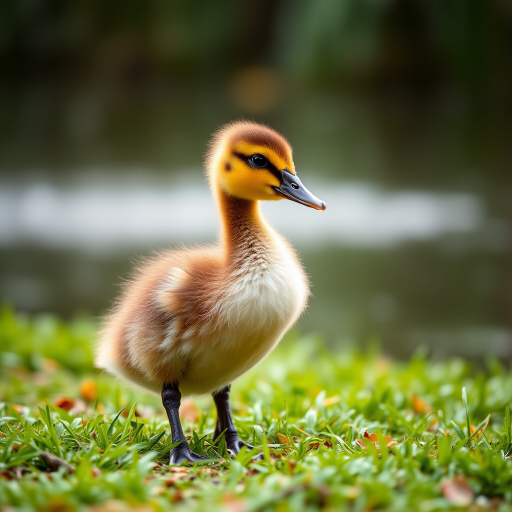 A young duckling standing on the grass by a pond with soft rain droplets falling in the background, shot with a Canon EOS 5D Mark IV, aperture f/4, shutter speed 1/200 sec, ISO 200, in natural light with a shallow depth of field for a soft bokeh effect.