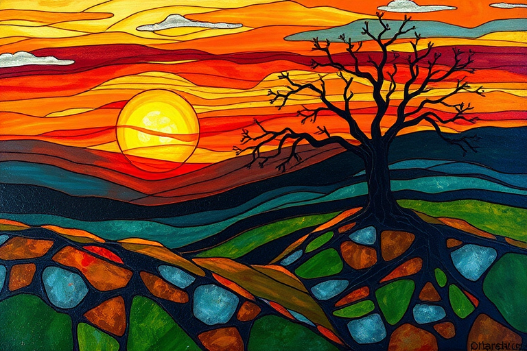 A vibrant abstract painting on Tiffany Glass, blending acrylic and alcohol ink techniques, captures a dramatic sunset over rolling hills. The artwork features a textured, rocky foreground in green and brown, layered abstract hills, and a striking sunset in rich oranges, yellows, and reds. A solitary black tree with intricate branches contrasts against the fiery sky, creating a dynamic and expressive portrayal of a breathtaking natural scene.
