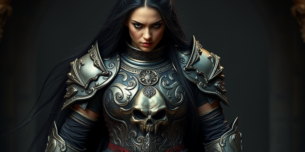Create a photo of a fierce female warrior with long black hair, wearing an ornate, metallic armor. The armor includes a breastplate with intricate designs, shoulder guards, and gauntlets. The breastplate is decorated with a central emblem, possibly representing a mythical symbol, and has a sculpted, form-fitting design. She wears a belt with a large skull ornament at the center, and her armor extends into a partial skirt, revealing one leg. The overall look is both protective and stylish, with a dark, gothic aesthetic. The background is dimly lit, suggesting a medieval or fantasy setting, enhancing the warrior's imposing presence and intense expression.