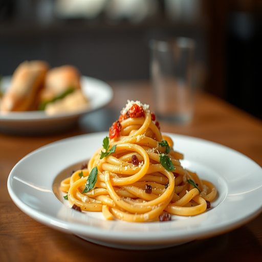 Create a high-resolution image of a gourmet pasta dish on a white plate with a blurred bokeh background, using a Canon EOS R5 with a 85mm lens at f/1.4, ISO 100, 1/200s, shot from a slightly elevated angle to capture the texture and detail of the pasta.