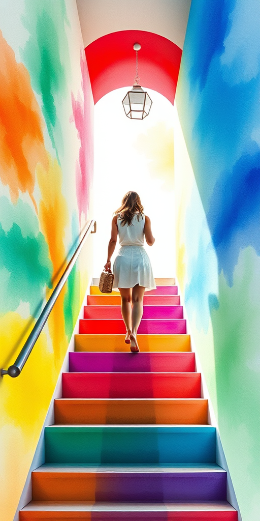 Woman walking up stylized colorful staircase, bright watercolor background, medium shot, ISO 100, f/4, 50mm lens, natural light, digital painting style.