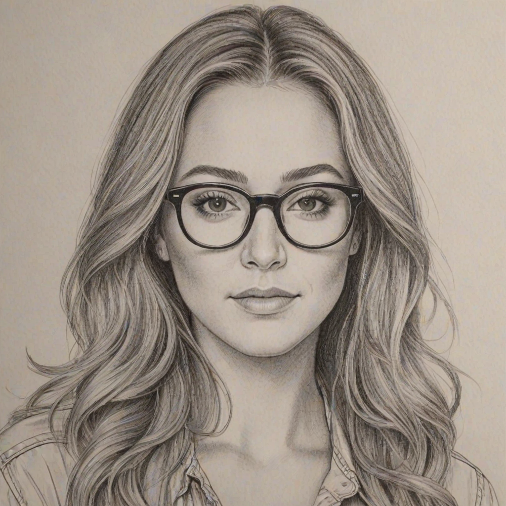Pleasing Alexa Vega, pencil sketch, portrait of Appealing woman 1972s in glasses, hair style beatnik, outline, clear lines, fine lines, 8k