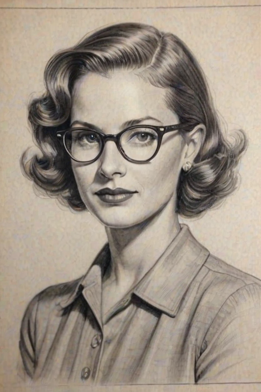 Stunning Diane Wiest, pencil sketch, portrait of Charming woman 1936s in glasses, hair style beatnik, outline, clear lines, fine lines, 8k