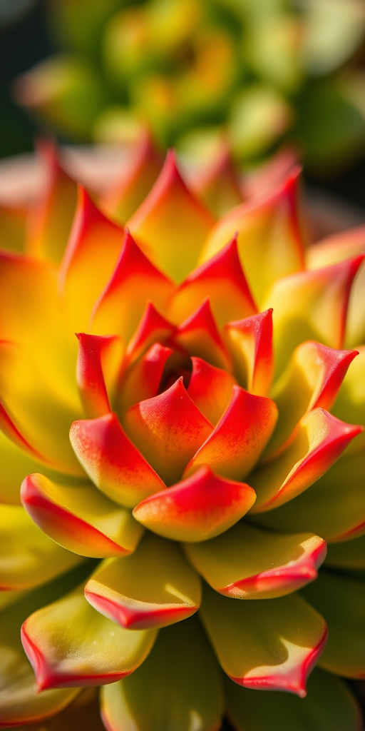 Close-up of a vibrant succulent plant with green leaves and reddish edges, shallow depth of field, natural sunlight, f/2.8 aperture, 50mm lens, ISO 100, DSLR camera, soft bokeh background.