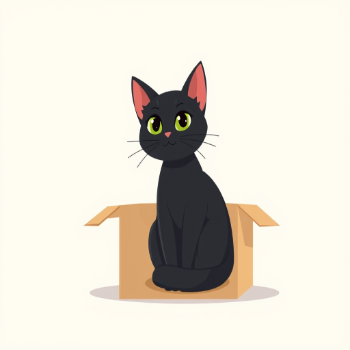 Create a digital illustration of a black cat sitting in a cardboard box with a simple pastel background, using a Canon EOS R5 camera, ISO 200, f/2.8, 50mm lens, in a flat lay view with soft lighting for a clean and modern aesthetic.