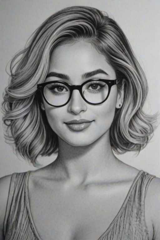 Dazzling Ally Brooke, pencil sketch, portrait of Enchanting woman 1937s in glasses, hair style beatnik, outline, clear lines, fine lines, 8k