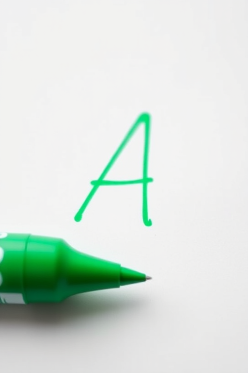 Create a high-resolution image of a green marker with a pointed tip drawing a large letter A in a bright, simple style, captured with a DSLR camera at f/2.8, ISO 100, and a 50mm lens, with a shallow depth of field to emphasize the marker.