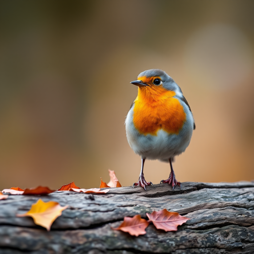 a close-up photograph of a robin perched on a log with autumn leaves, shallow depth of field, dslr camera, 50mm lens, f/2.8 aperture, ISO 200, natural lighting, soft bokeh background