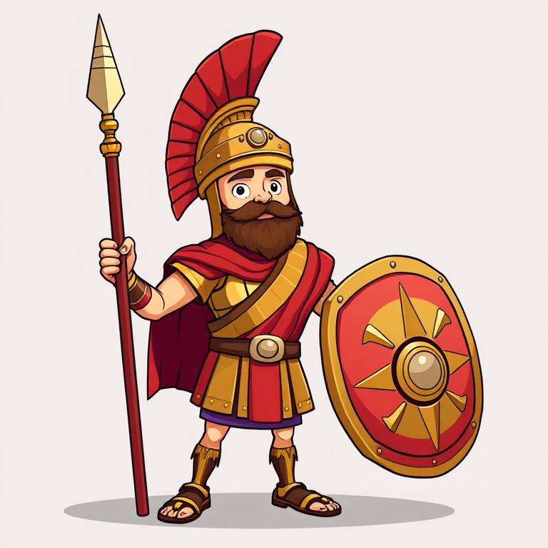 Create an illustration of a cartoonish Roman soldier standing proudly with a spear in one hand and a shield in the other, use vibrant colors and a simple background, settings: f/8 aperture, ISO 100, 50mm lens, soft focus effect, DSLR camera type, medium angle view.
