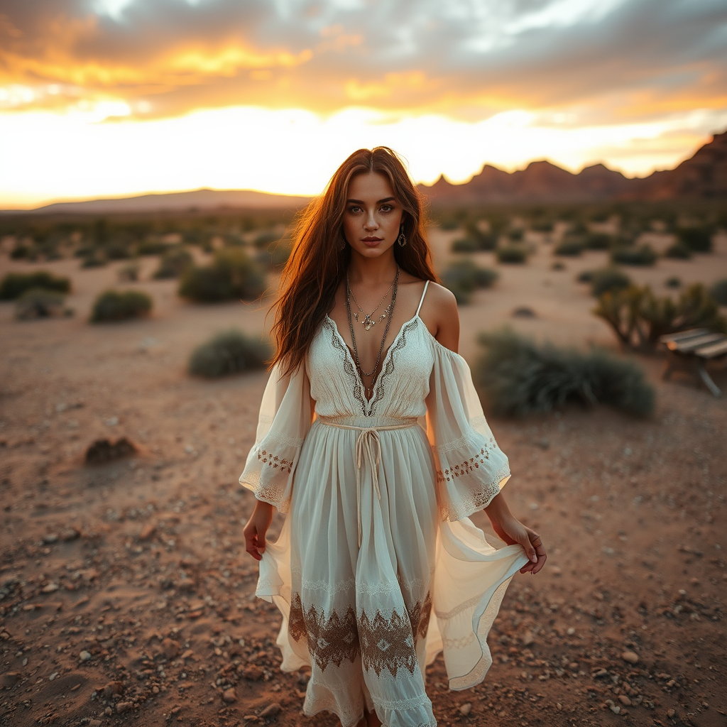 Desert setting, bohemian model, flowy dresses, earthy tones, rustic sunset effect,  equipped with a 12mm lens to capture an overhead view of the model, emphasizing symmetry and spatial positioning