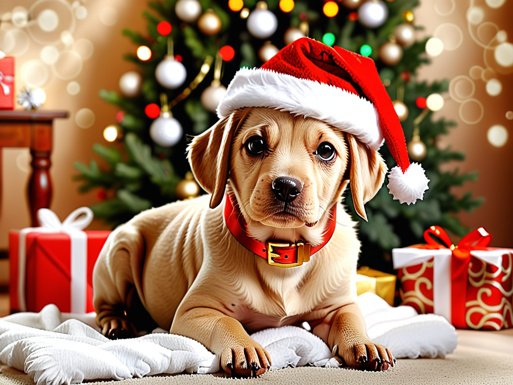 Adorable Puppy in Santa Hat Surrounded by Christmas Gifts and Tree