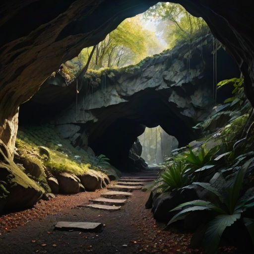 A natural landscape emerging from the darkness of a cave-like space, with rocks and vegetation covering the top and sides. Light filters through from above and a side opening, illuminating the dim interior. The foreground features a ground covered in fallen leaves and gravel with a stone path leading outward. The middle ground, viewed through the opening, reveals outside scenes including trees, bushes, and a small bridge, with vivid plant colors contrasting against the cave's shadows. The background is an open sky and more trees, with the sky bright white indicating clear weather. Overall, the image presents a tranquil and mysterious transition from darkness to light. high quality photo, ultra-detailed, sharp focus, photorealistic, serene and mystic atmosphere.