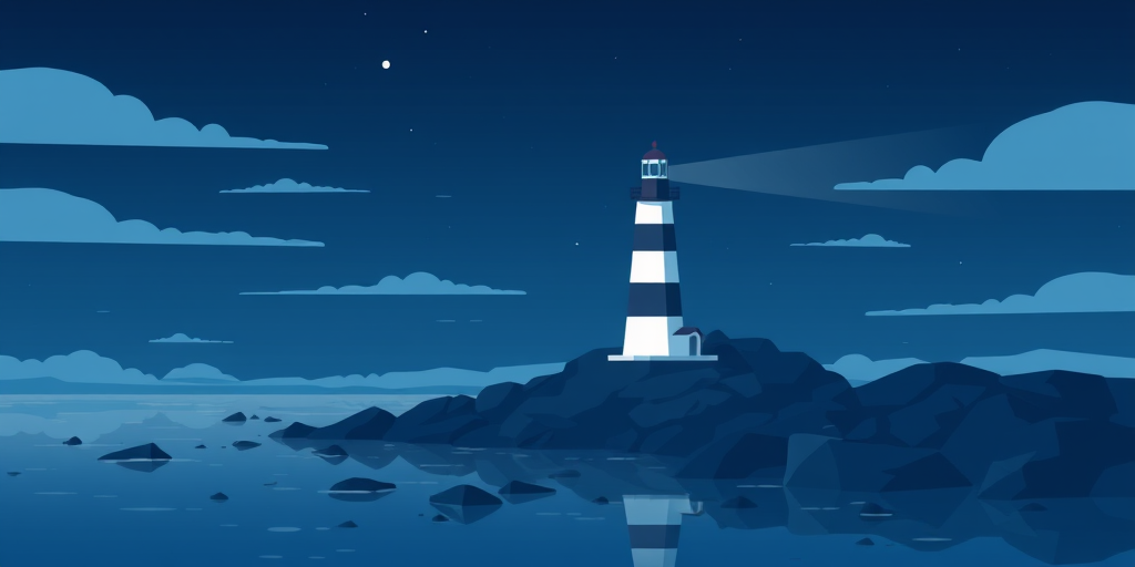 create a minimalist digital illustration of a striped lighthouse on a rocky shore under a night sky with subtle clouds and water reflection