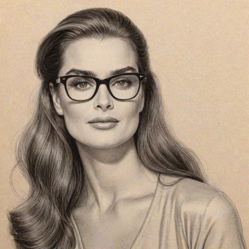 Bewitching Brooke Shields, pencil sketch, portrait of Splendid woman 1949s in glasses, hair style beatnik, outline, clear lines, fine lines, 8k