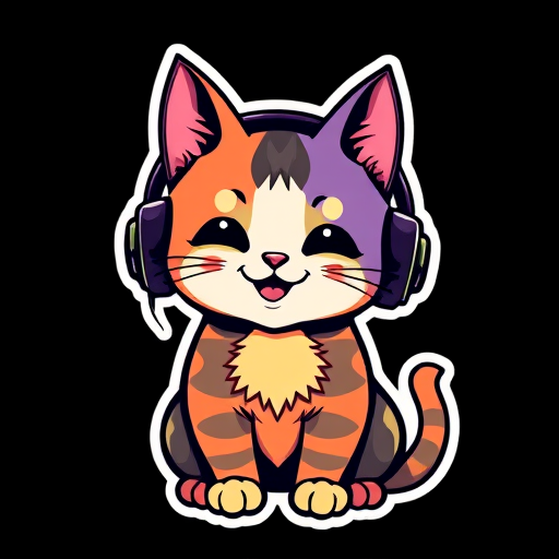 imagine sticker, Happy Colorful Cat wearing Headphones, kawaii, contour, vector, black background