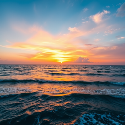 Create a high-resolution image of a vibrant sunset over the ocean, captured with a DSLR camera at f/11, 1/125s shutter speed, ISO 100, using a wide-angle lens with a panoramic view to capture the full horizon and enhanced color saturation.