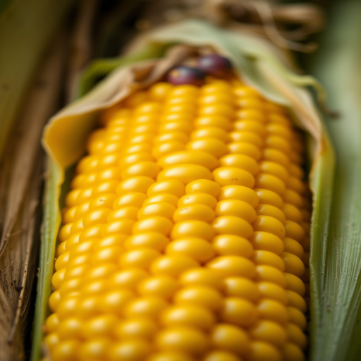 Corn on the cob with bright yellow kernels, partially husked, centered in the frame, soft diffused lighting, macro lens, aperture f/2.8, 50mm lens, DSLR camera, high-resolution.