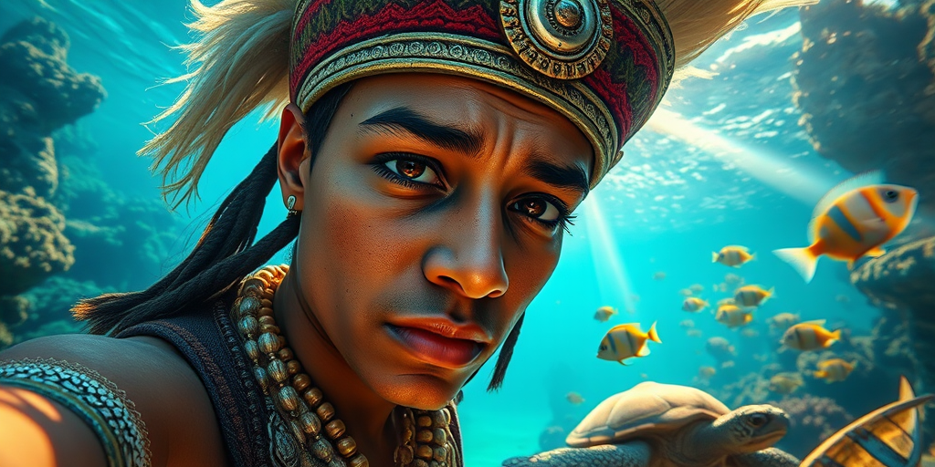 Realistic selfie image of a Aztec, wearing a vintage outfit, detailed dreamy eyes, droopy hooded eyes, staring at the camera, taken underwater at coral reef with a sunbeam filtering through the water, vibrant, summer vacation, natural lighting, turtle and school of tropical fish with vibrant colors, rendered in the style of CryEngine, Pegi Nicol MacLeod, with realistic genre scenes, hauntingly beautiful narratives, ultra-realism, and Thomas Saliot's close-up technique, 8K resolution, crystal clear and sparkling water.