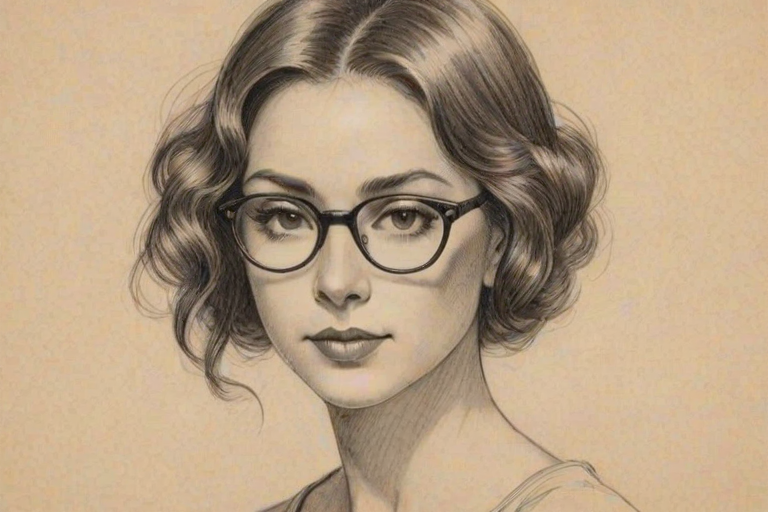 Alluring Sabrina Sato, pencil sketch, portrait of Resplendent woman 1921s in glasses, hair style beatnik, outline, clear lines, fine lines, 8k