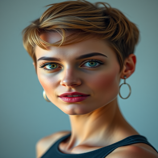 Create a high-resolution portrait of a woman with short, stylish hair and green eyes, soft lighting, and vibrant details, captured with a Canon EOS R5, 85mm f/1.2 lens, aperture f/2.8, ISO 100, in a studio setting for enhanced clarity and color depth.