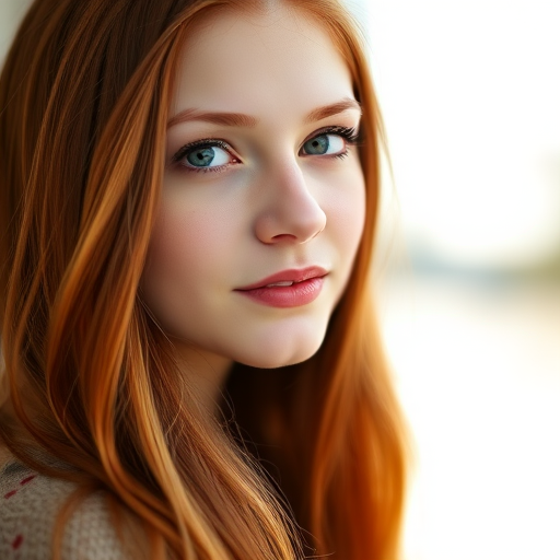 portrait of a young woman with long red hair, soft focus background, natural light, 50mm lens, aperture f/1.8, ISO 100, shutter speed 1/200, DSLR camera, shallow depth of field