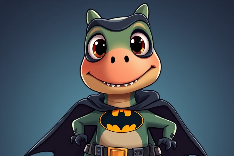 A cute dinosaur superhero character with large eyes, a Batman logo on its chest, wearing a cape and a utility belt, illustrated in a cartoon style, shot with a DSLR camera at f/2.8, 50mm lens, natural lighting, high resolution.