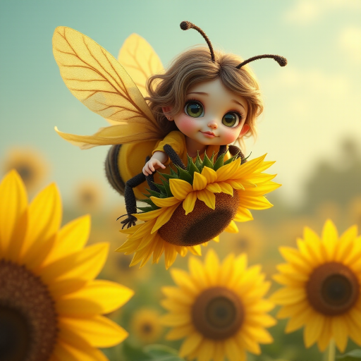 a whimsical cute girl with big eyes, big hair and flowing dress, riding astride a bumble bee, and flying across the top of the sunflower, which are just waking up, and catching dew drop of rain