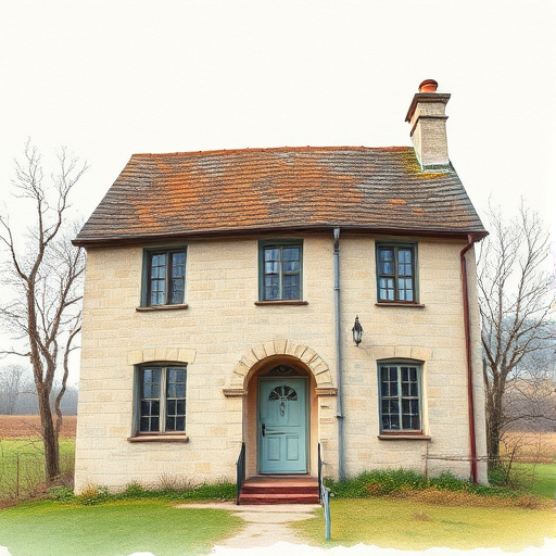 Regenerate a watercolor painting of a quaint, old stone house with three windows, a prominent chimney, and a decorative front door, set in a serene landscape with leafless trees, using a Canon EOS R5 with a 50mm lens, aperture f/8, ISO 100, and a focus on vibrant colors and fine details.