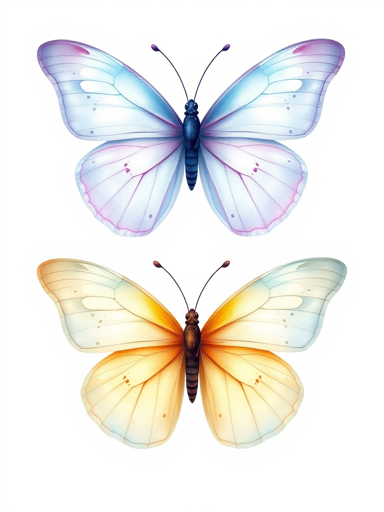 Create a detailed illustration of two butterflies. The top butterfly should have translucent wings with a light blue hue and soft purple accents, featuring delicate spots. The bottom butterfly should have a gradient of yellow to light blue wings, with a smooth and elegant shape. Both butterflies should be depicted from a frontal view against a plain white background.